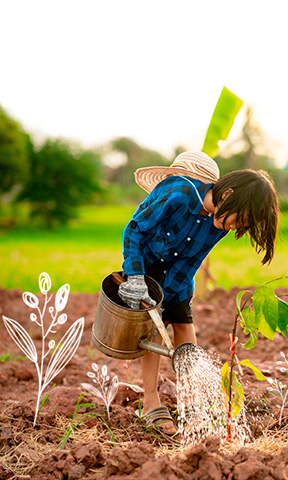 Niño regando plantas